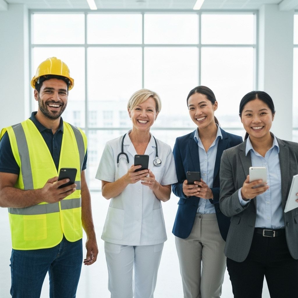 Diverse professionals with mobile phones